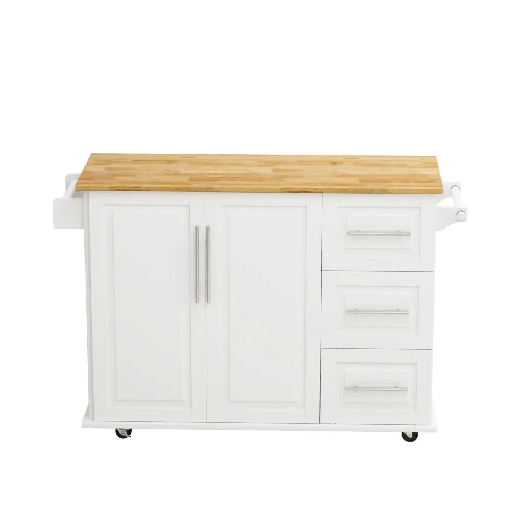 Adjustable Height Kitchen Island Cart 2 Door Cabinet, 3 Drawers, Spice Rack & Towel Rack - Pearl