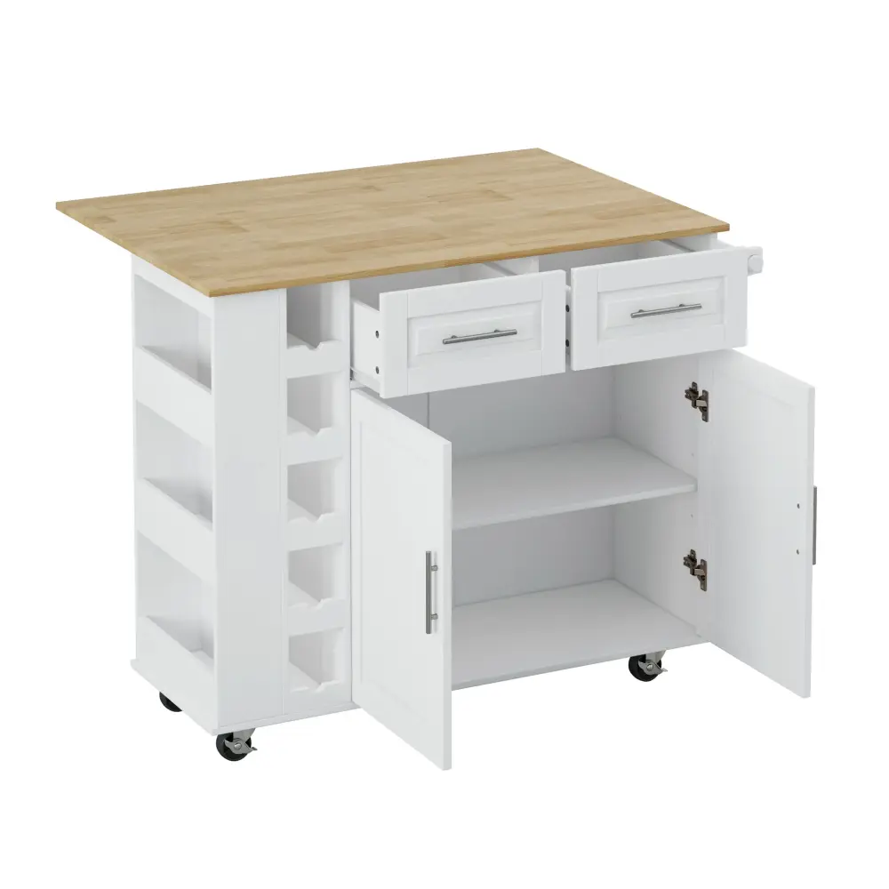 Kitchen Island Cart 2 Door Cabinet, 2 Drawers, Spice Rack, Towel Holder, Wine Rack, And Foldable Top - Ivory