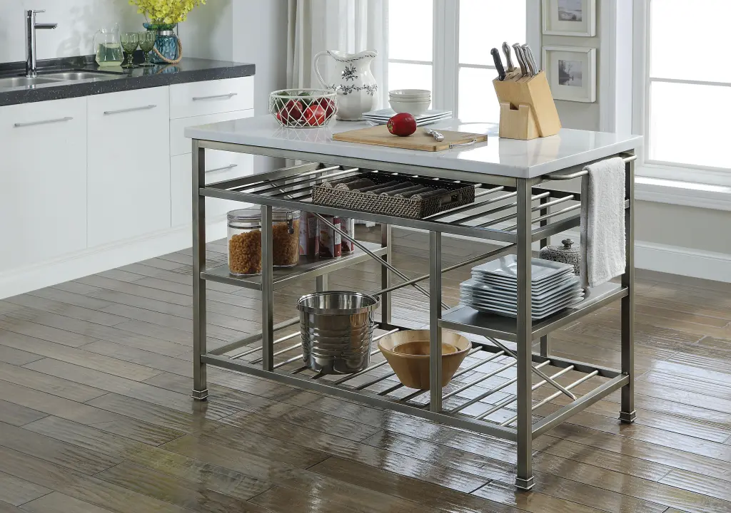 Lanzo Marble Antique Pewter Kitchen Island - Rolling Counter Storage