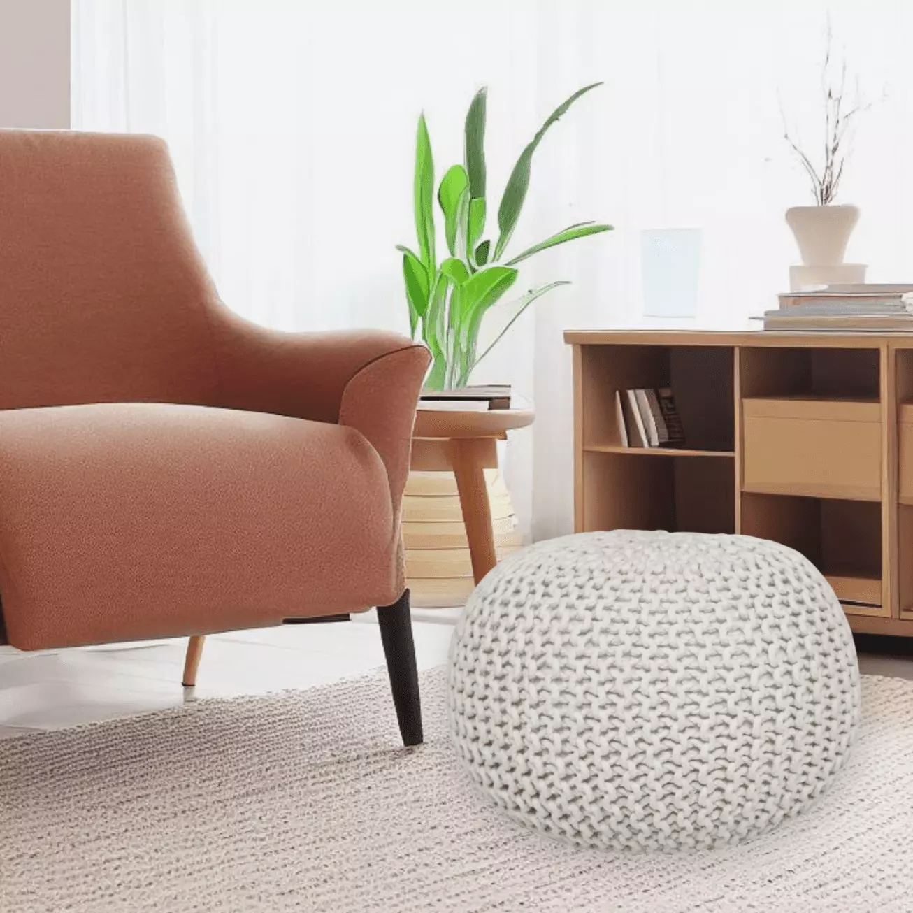 Lychee Large Knitted Pouf Ivory 22x22x16 Inches timberbrook