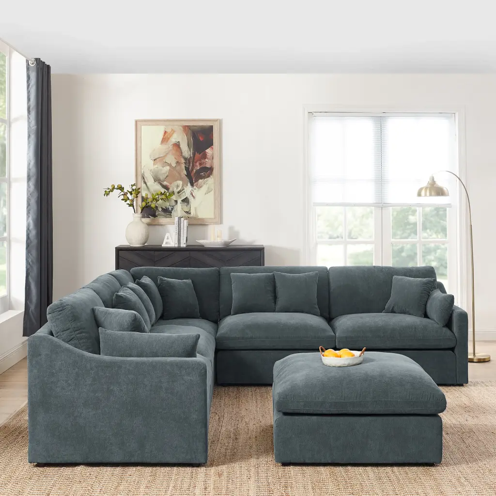DeeHome 6-Seats Modular L-Shaped Sectional Sofa Ottoman and 10 Pillows Chenille Grey