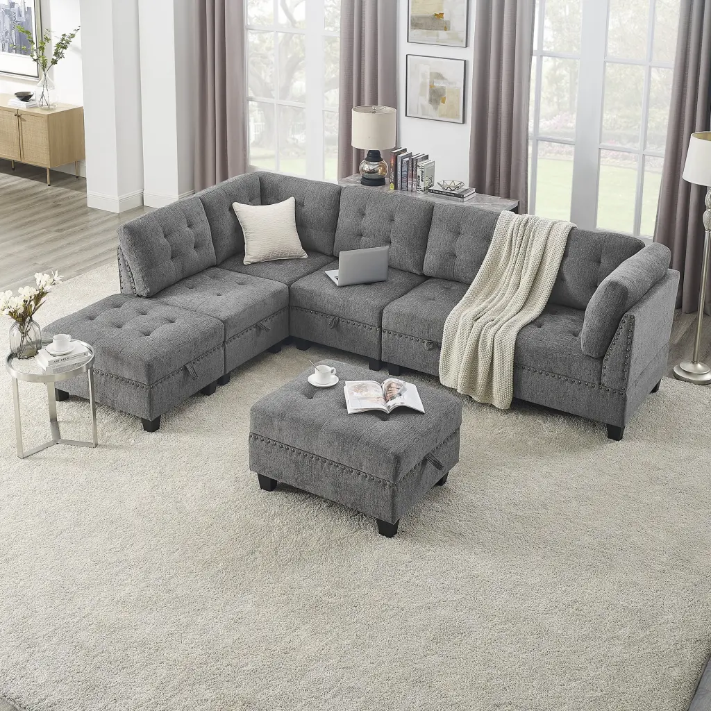 DeeHome L Shape Modular Sectional Sofa DIY Combination 3 Single Chairs 2 Corners 2 Ottomans Grey Chenille Living Room Couch