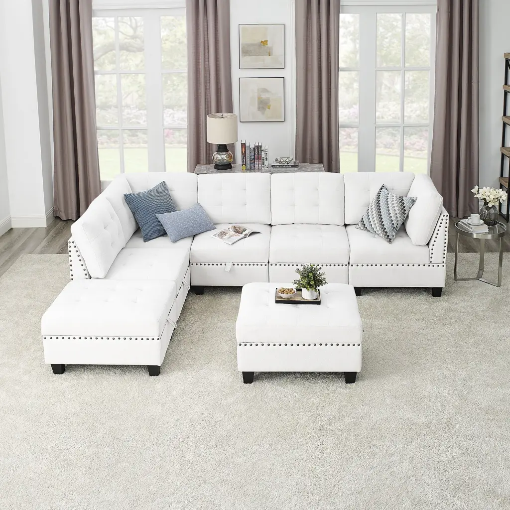 DeeHome L Shape Modular Sectional Sofa DIY Combination 3 Single Chairs 2 Corners 2 Ottomans Ivory Chenille Living Room Couch