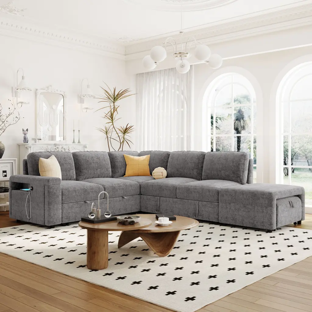 DeeHome U_STYLE L Shaped Padded Modular Sofa Storage Space USB Ports Cup Holders Living Room Office Apartment Furniture