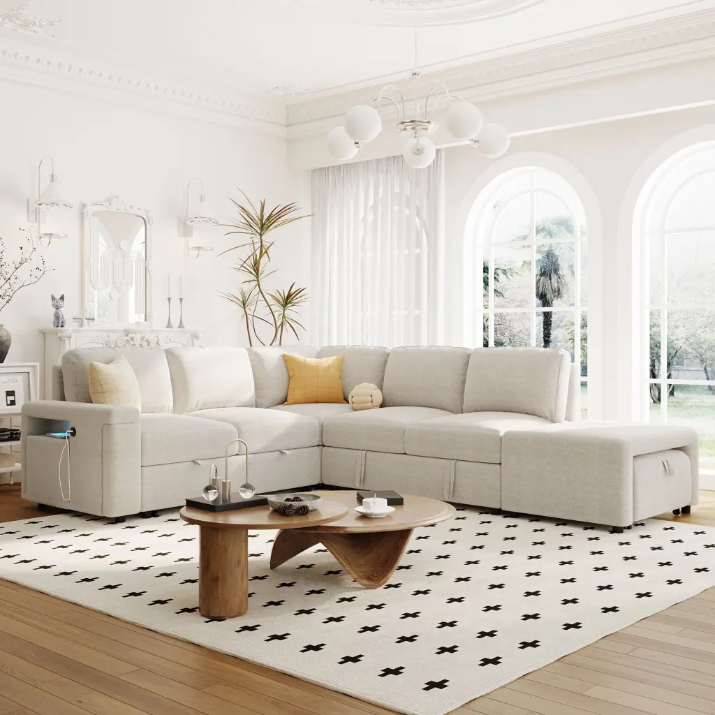 DeeHome U_STYLE L Shaped Padded Modular Sofa Storage Space USB Ports Cup Holders Living Room Office Apartment Furniture
