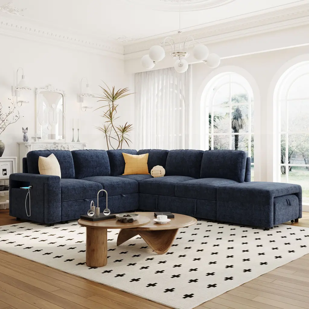 DeeHome U_STYLE L Shaped Padded Modular Sofa Storage Space USB Ports Cup Holders Living Room Office Apartment Furniture