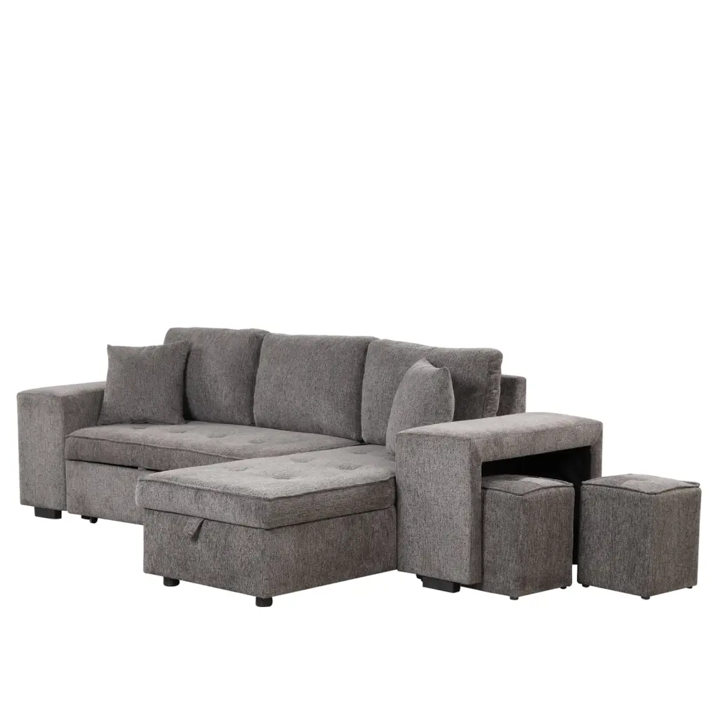 Sleek Linen Charcoal Sectional Couch Storage Chaise Converts to Sleeper Bonus Stools Included HATNOKIL