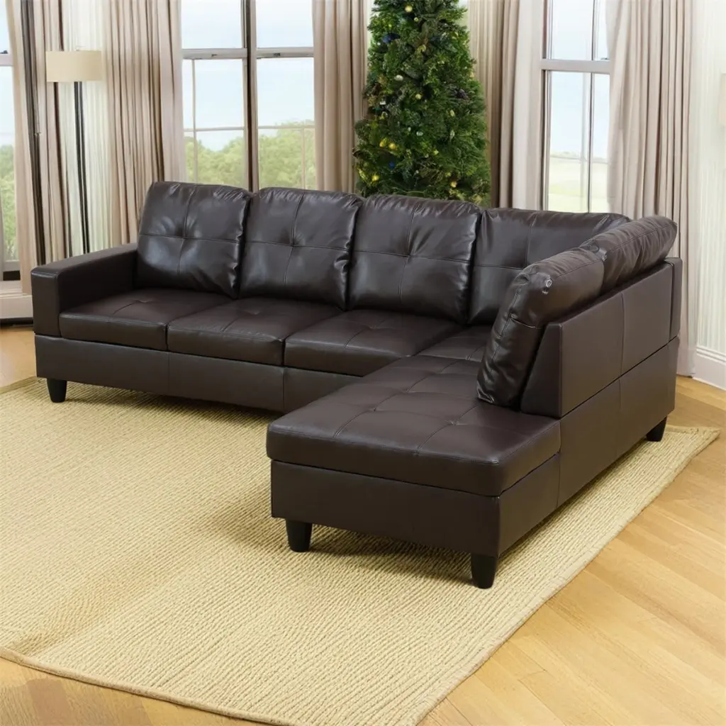 Hommoo Faux Leather L-Shaped 4-Seat Sectional Sofa Set Home and Office Brown