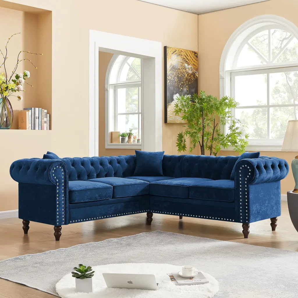 MAICOSY 80 Deep Button Roll Arm Luxury Classic L-Shaped Sofa 3 Pillows - Blue Velvet