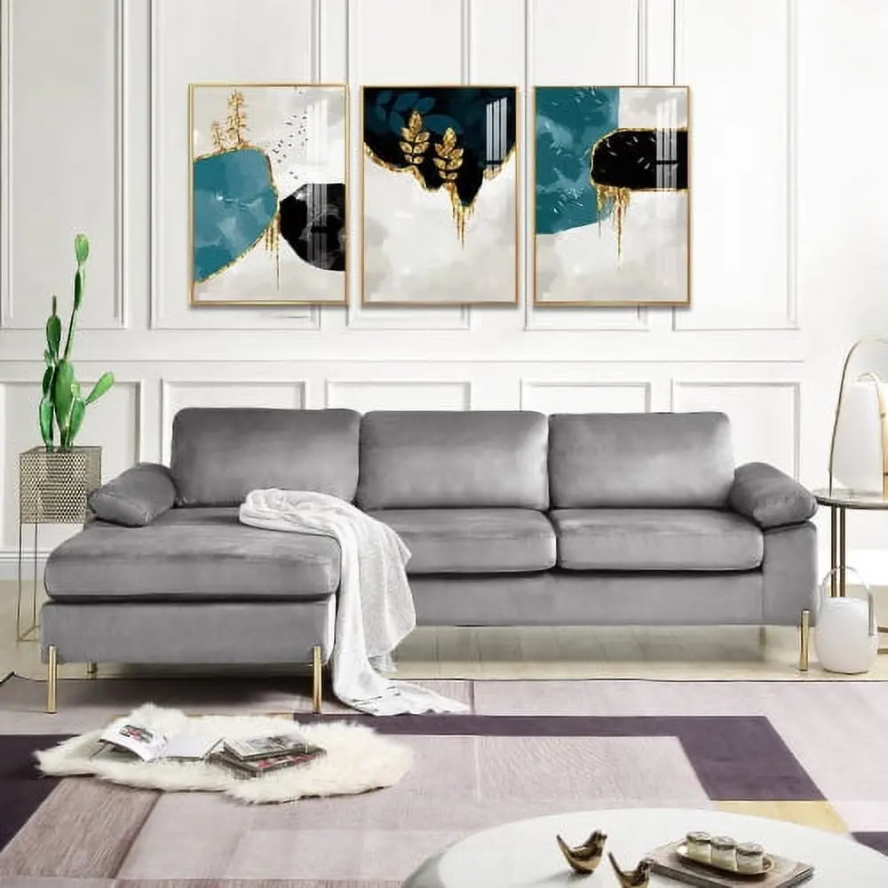 101W Modern Velvet L-Shaped 3-Seat Sectional Sofa Chaise Living Room Gray Vipkoe