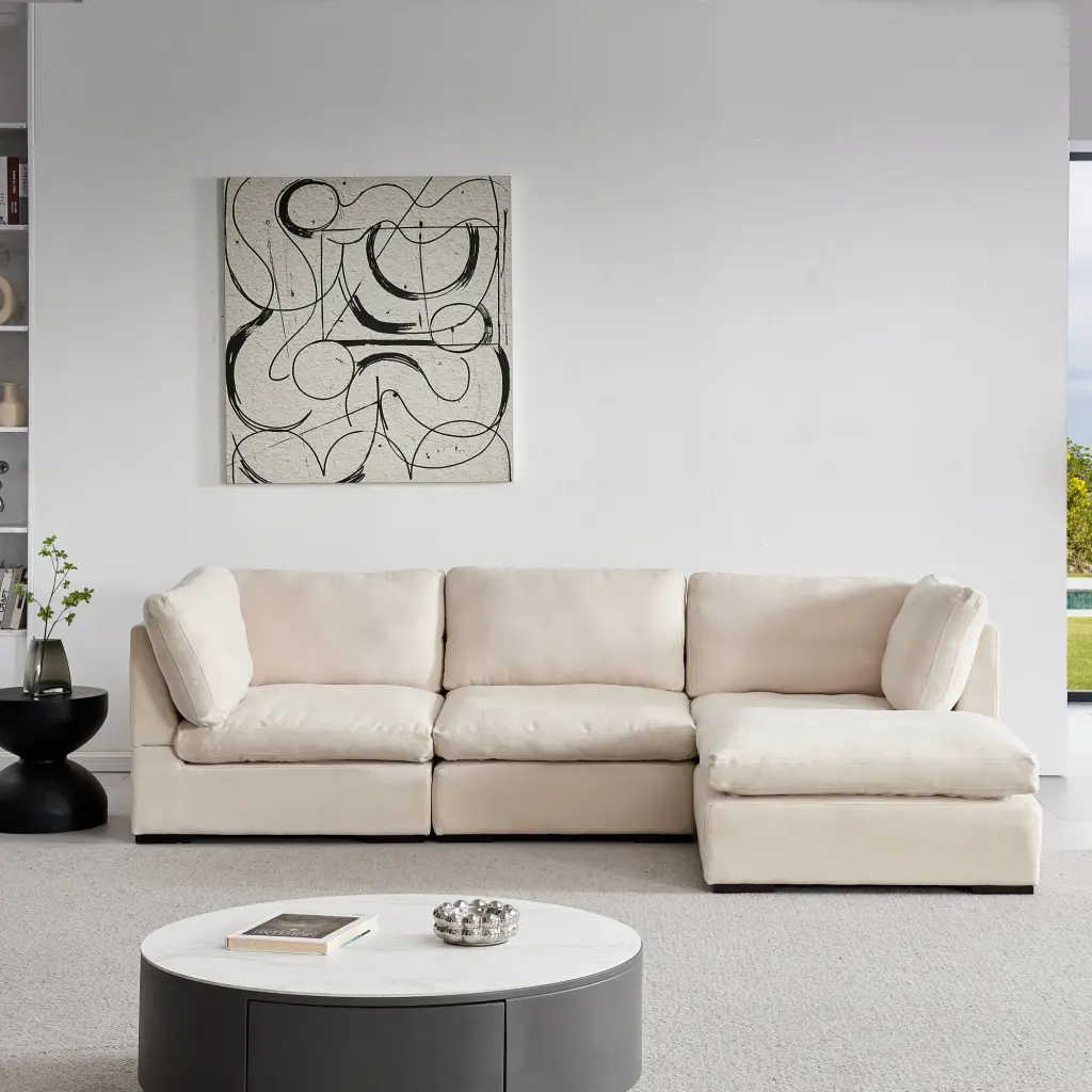 L Shape Modular Soft Fabric Sofa Filled Down Beige Living Room ANTFURN