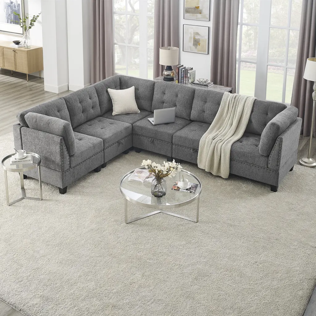 L Shape Modular Sectional Sofa DIY Combination Includes Three Single Chair and Three Corner Grey Chenille CNCJ