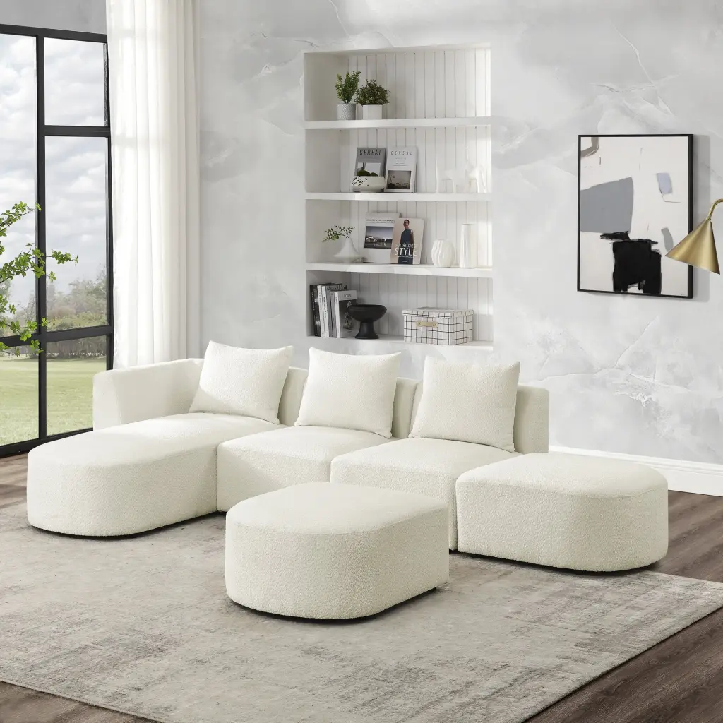 CoSoTower L Shape Sectional Sofa Left Side Chaise and Ottoman Modular DIY Combination Loop Yarn Fabric Beige