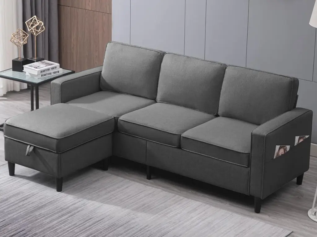 Puremind 89 Convertible Sectional Couch L-Shaped Sofa Beige Reversible Storage Chaise Modern Linen Living Room Furniture P...