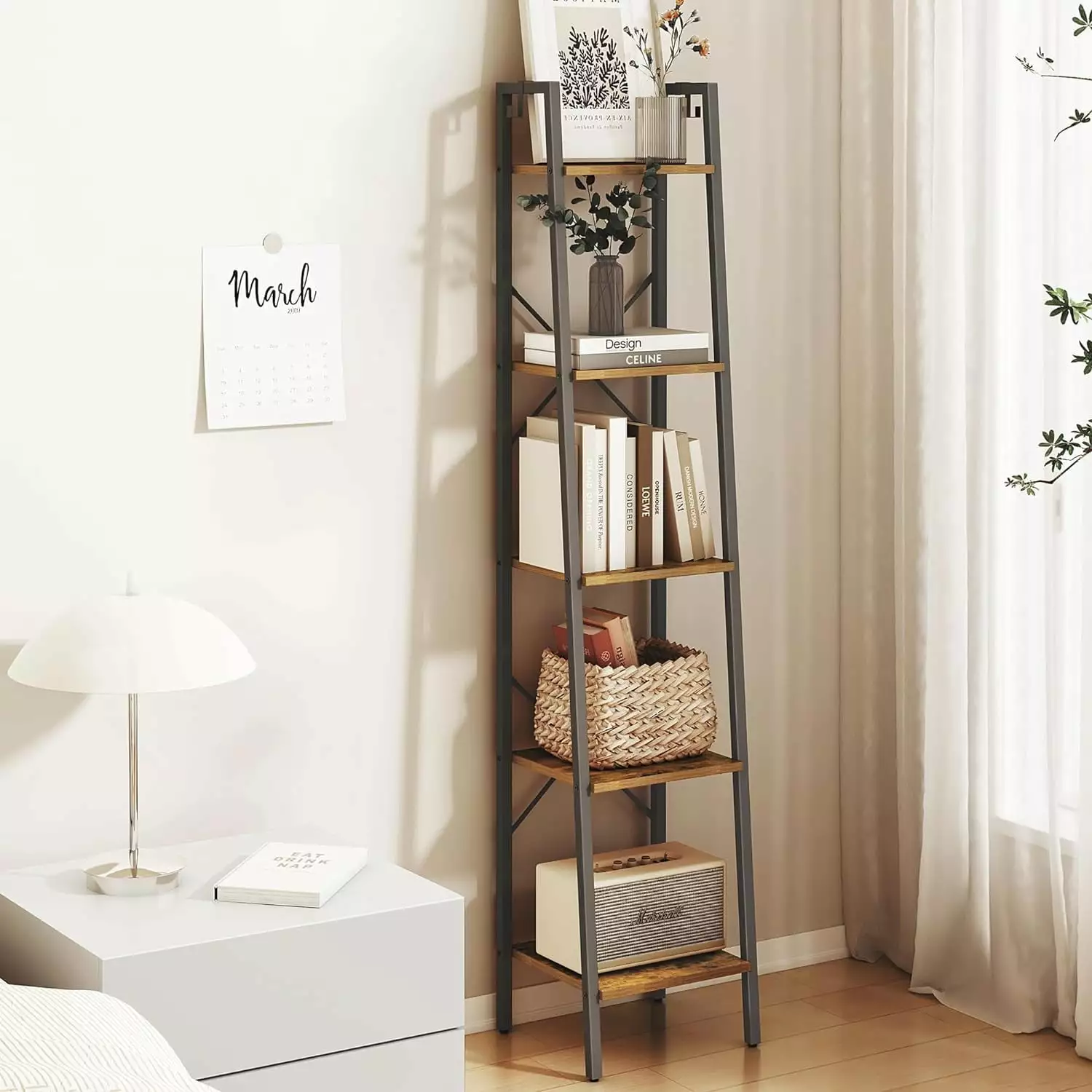 Ladder Shelf Bookshelf Bookcase Freestanding Corner Storage Shelve 2 Hooks Home Office Living Room Kitchen Bedroom Industr...