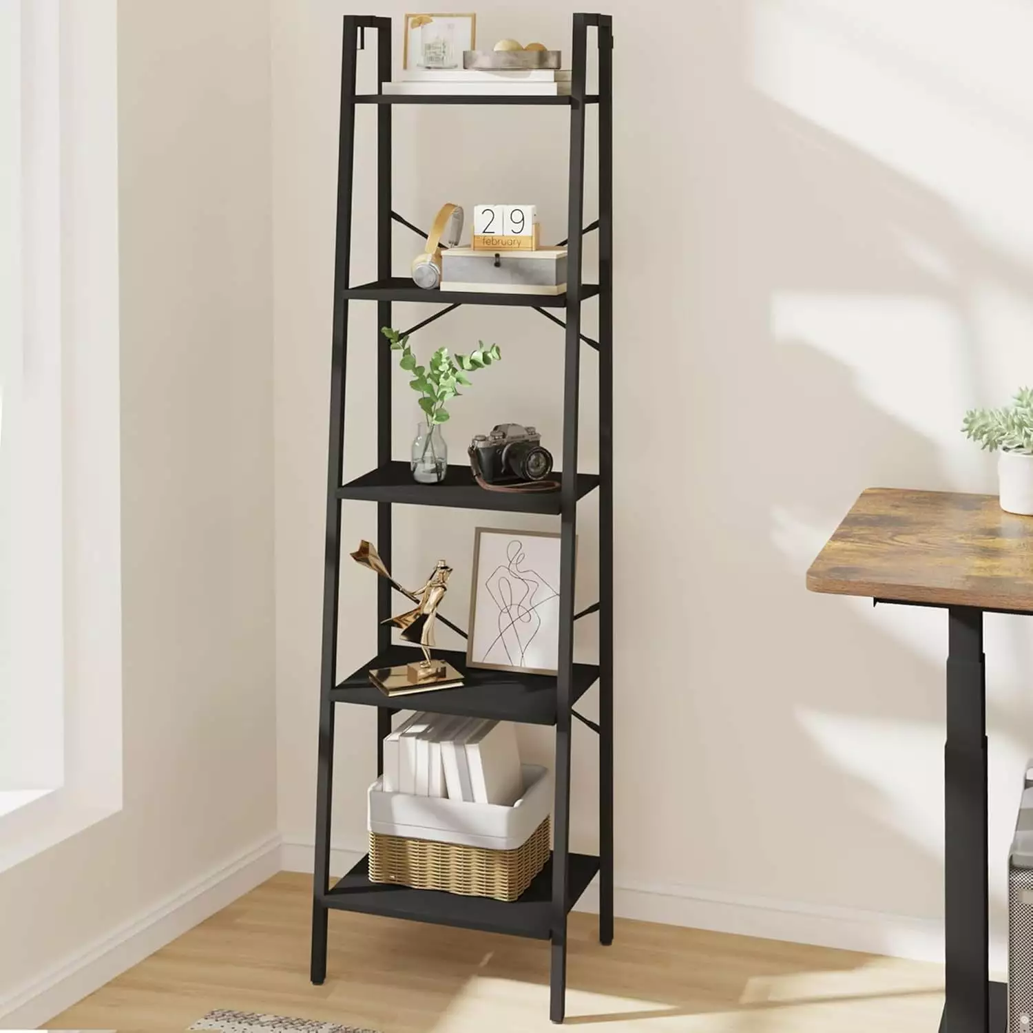 5-Tier Ladder Shelf Bookcase 2 Hooks Home Office Living Room Kitchen kk