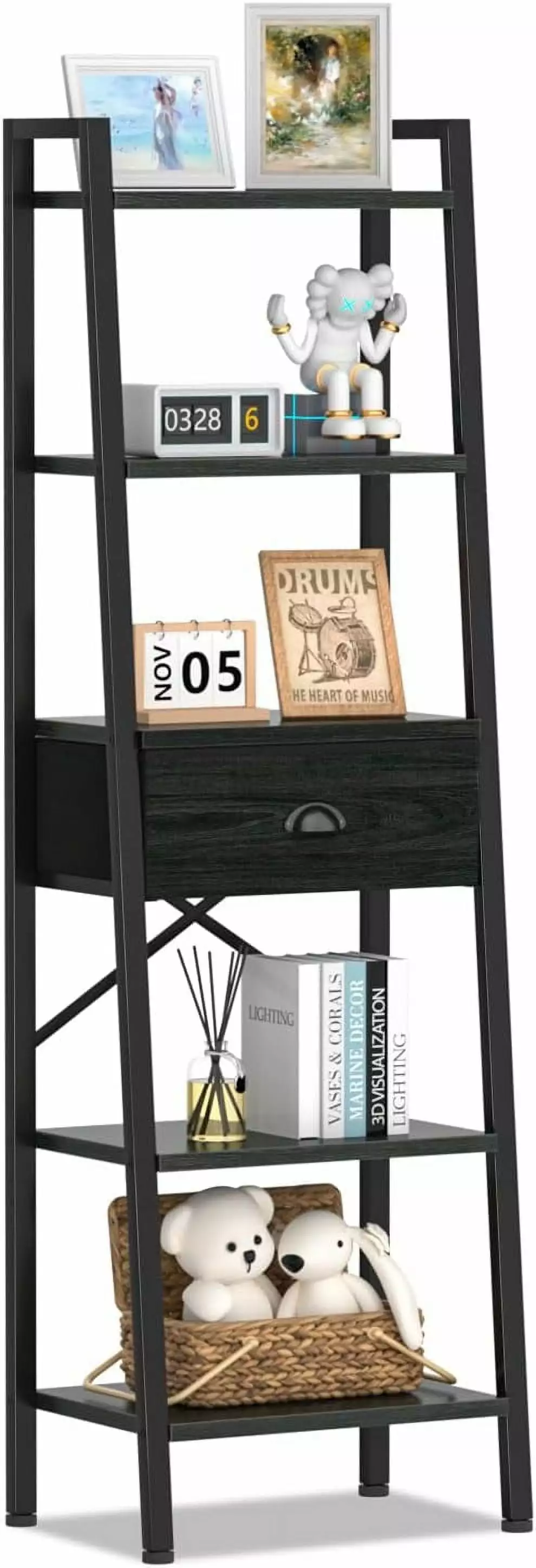 5 Tier Ladder Bookshelf Drawer Tall Narrow Corner Bookcase Industrial Display Shelf Home Office Living Room Black Oak kk