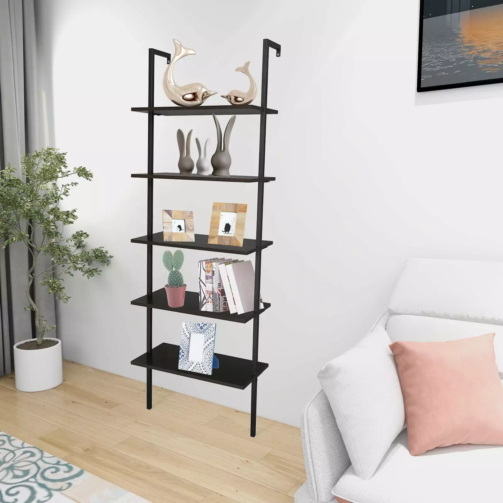 Oufan 5-Shelf Wood Ladder Bookcase Metal Frame Industrial Modern Ladder Shelf Dark Walnut