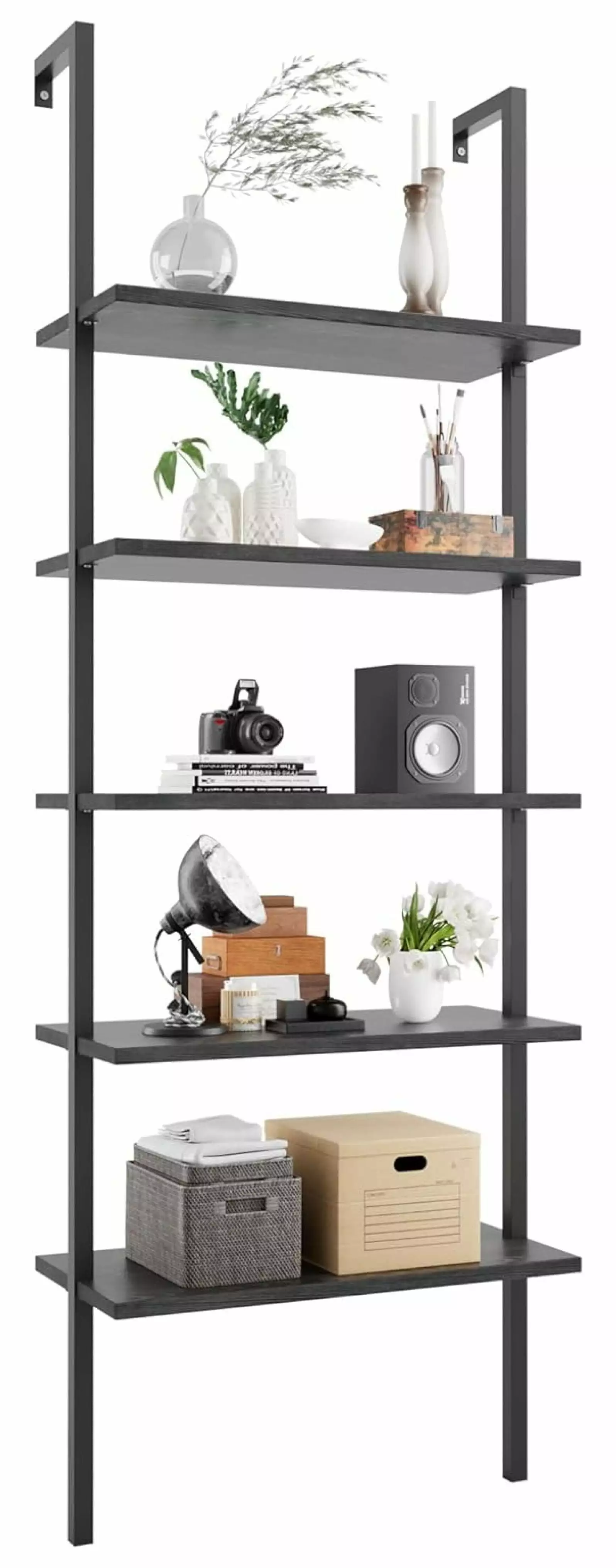 Superwum 5-Tier Black Industrial Ladder Bookcase Wood Board and Metal Frame Home Office