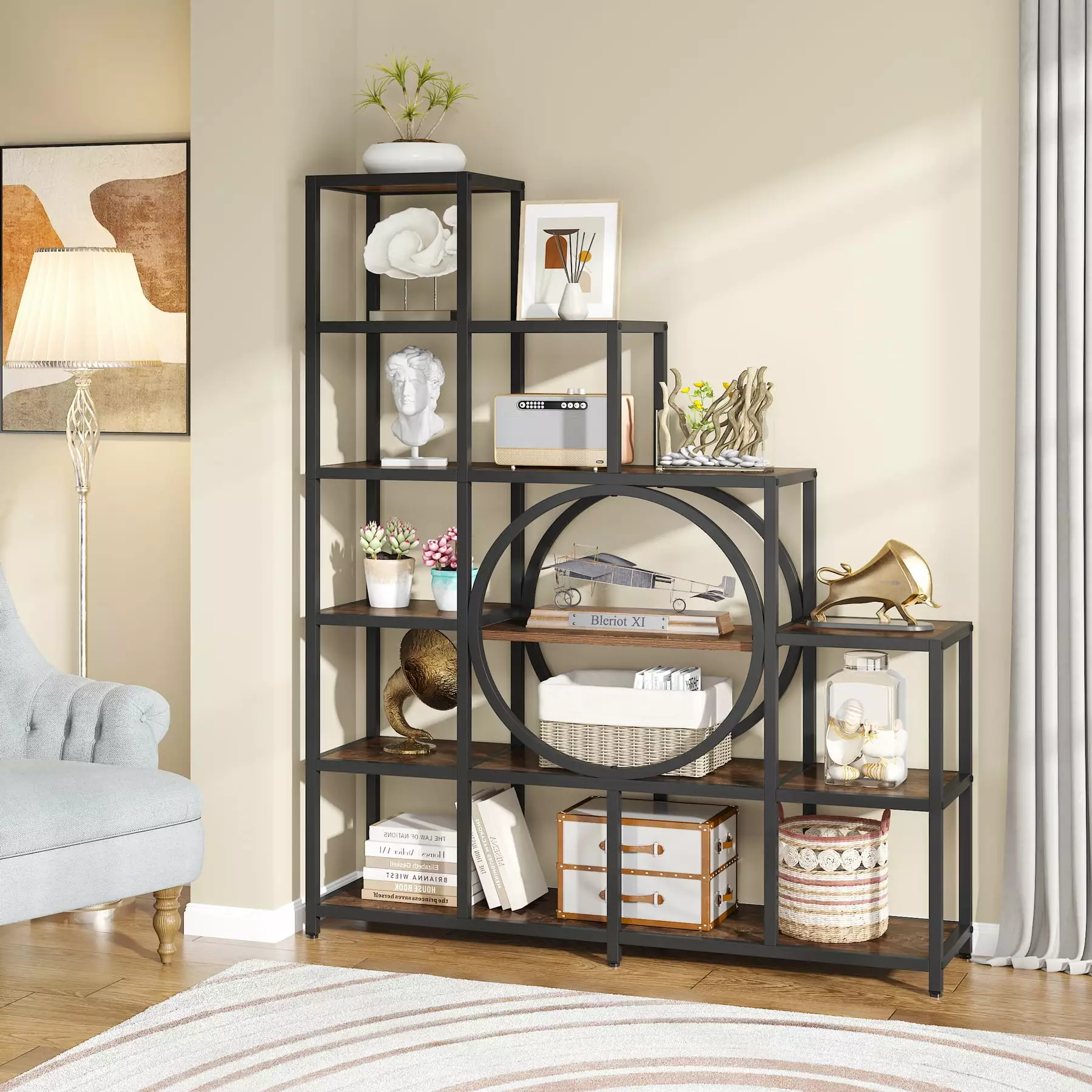 Tribesigns 16 Shelves Bookshelf Industrial Freestanding Ladder Corner Bookshelf 12 Cubes