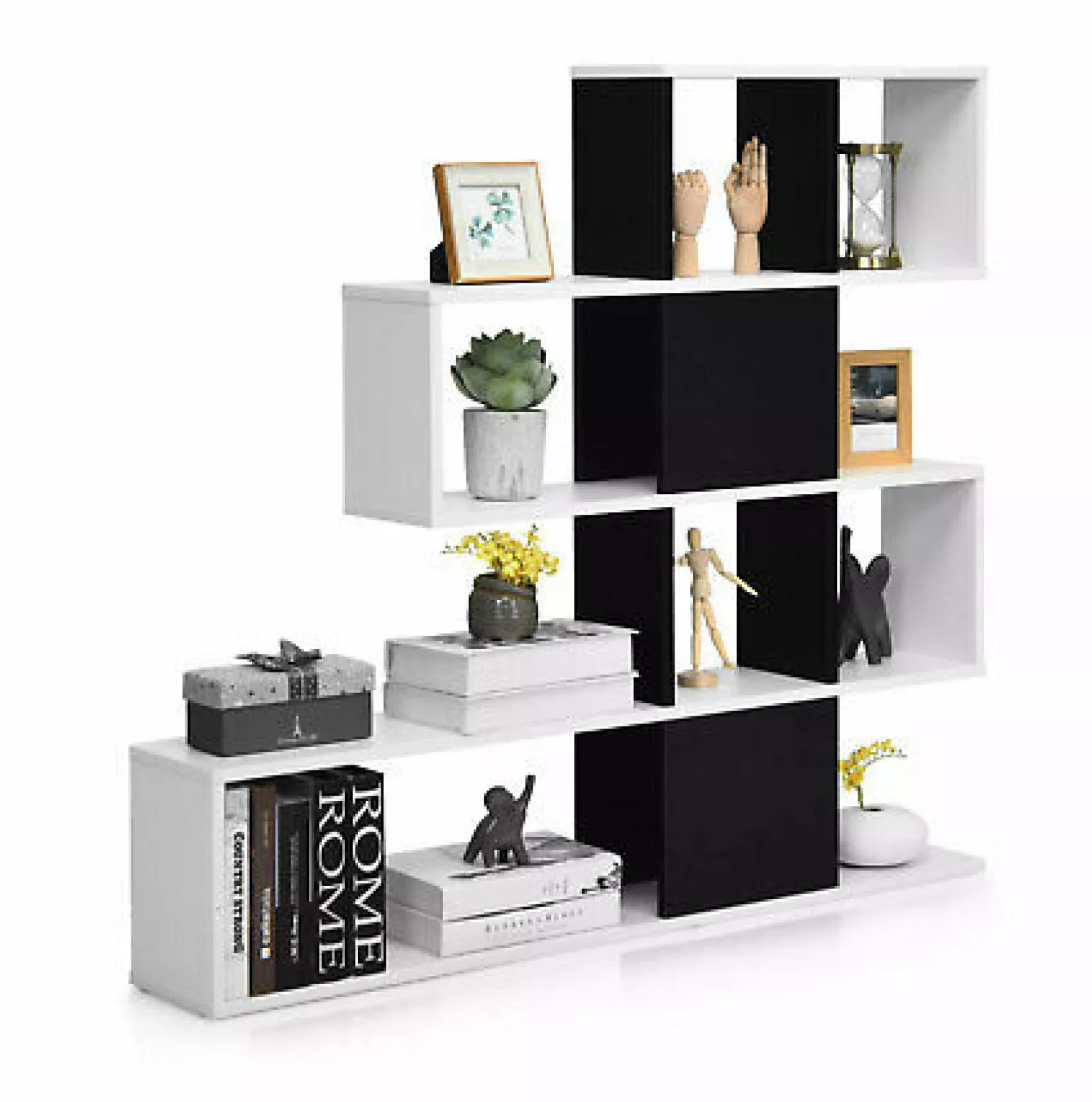 WANCQ 5 Tier Bookshelf Corner Ladder Bookcase Display Black White