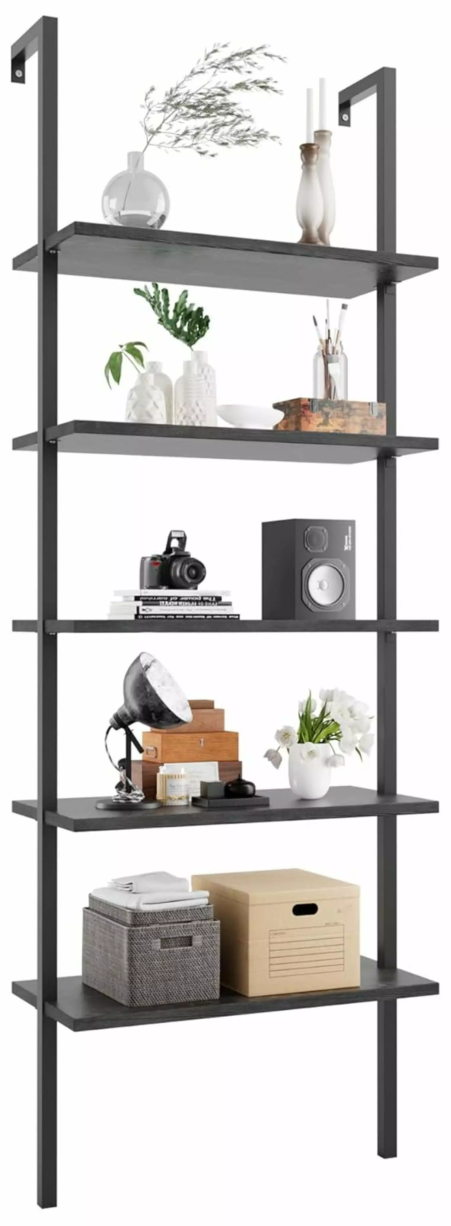 wangc123 5-Tier Black Industrial Ladder Bookcase Wood Board and Metal Frame Home Office