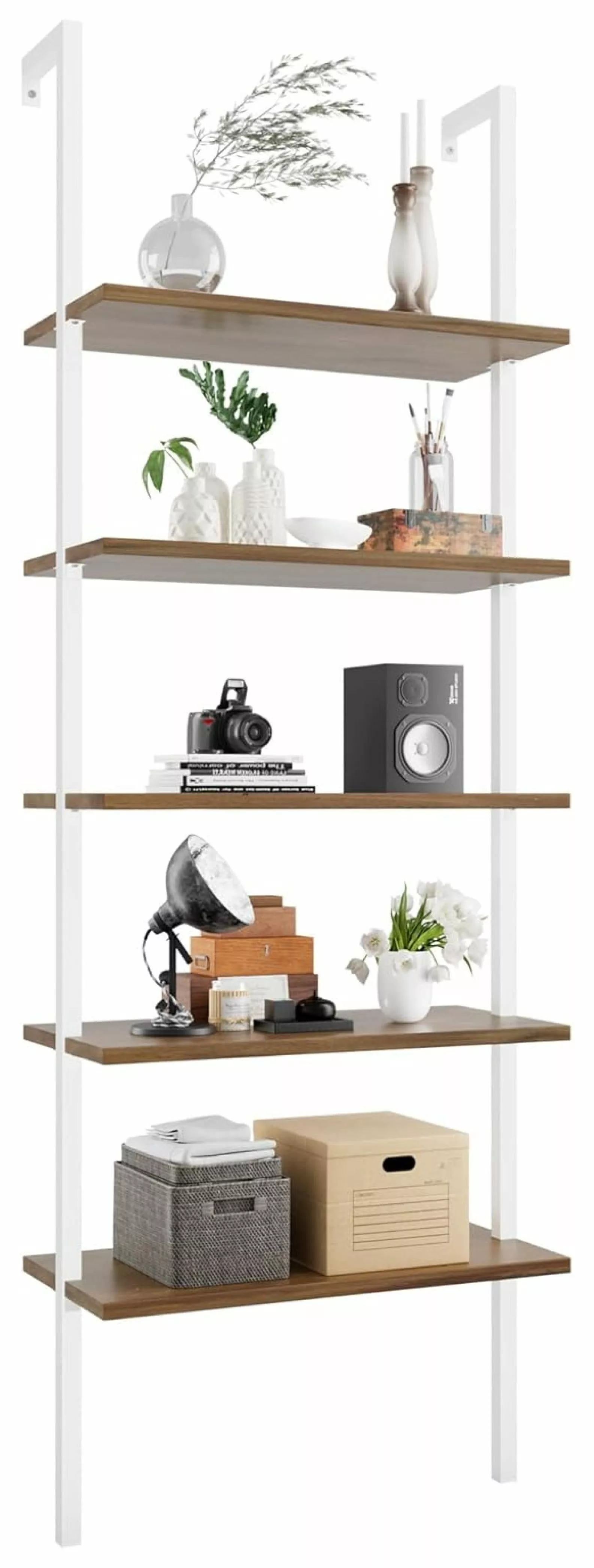 wangc123 5-Tier White Industrial Ladder Bookcase Wood Board and Metal Frame Home Office