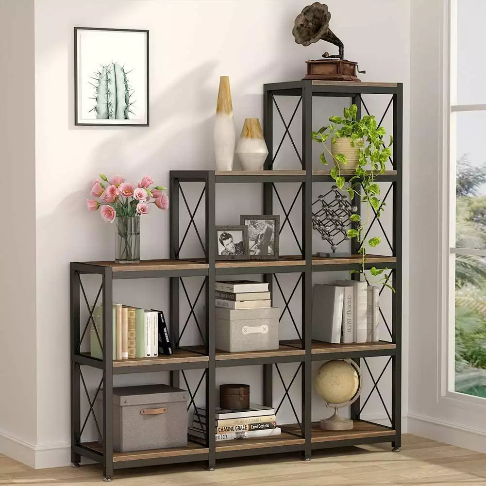 ZHIBING 12 Shelves Bookshelf Industrial Ladder Corner Bookshelf 9 Cubes Stepped Etagere Bookcase Rustic Brown
