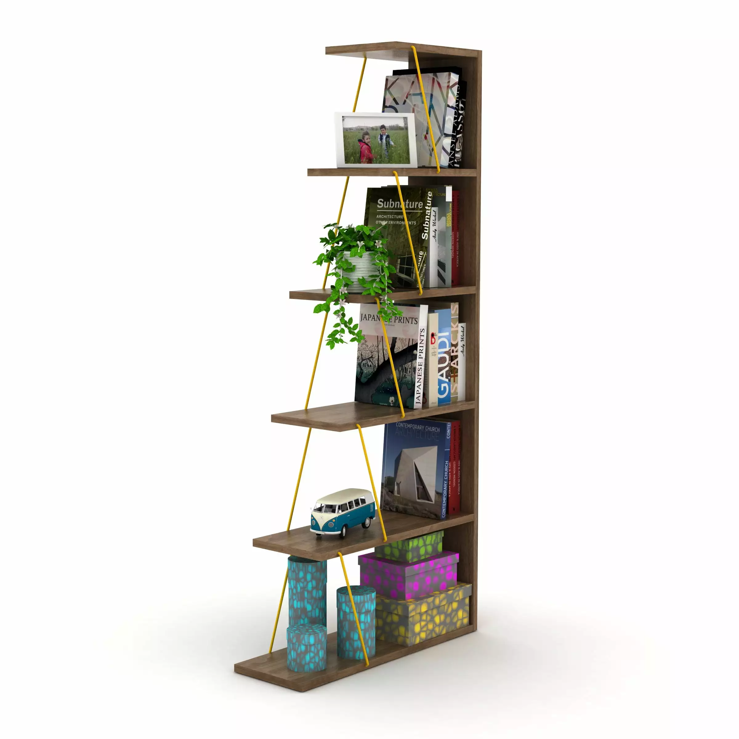 CoSoTower Modern 5 Tier Ladder Bookshelf Organizer Narrow Bookcase Small Spaces Office Furniture Walnut Yellow