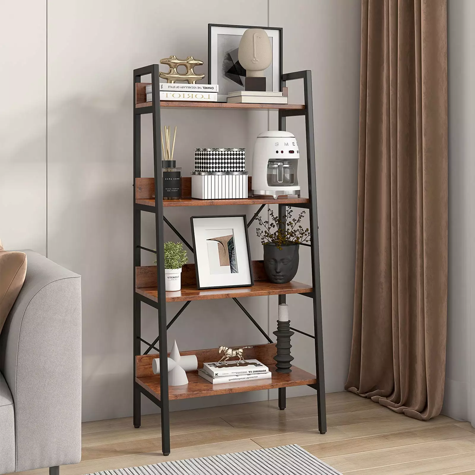 DLPIN Ladder Shelf 4-Tier Display Bookshelf Storage Shelves Rack Shelf Unit Metal Frame Living Room Home Office