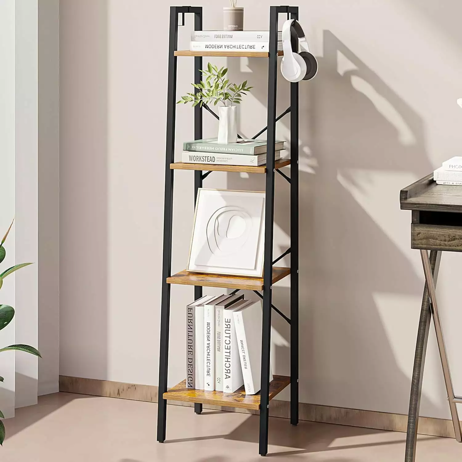 4-Tier Ladder Shelf Bookshelf Freestanding Corner Storage Hooks Home Office Living Room Industrial Rustic Brown kk