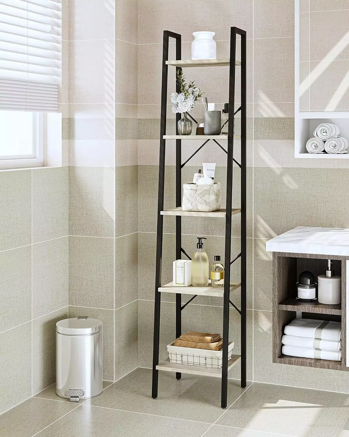 Ladder Shelf Bookshelf Freestanding Corner Storage Shelve 2 Hooks Home Office Living Room Kitchen Bedroom Industrial 5 Tie...