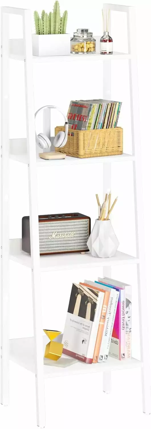 Ladder Shelf 4 Tier Tall Ladder Bookshelf Corner Shelf Industrial Book Shelf Ladder Bookcase Narrow Standing Storage Shelv...