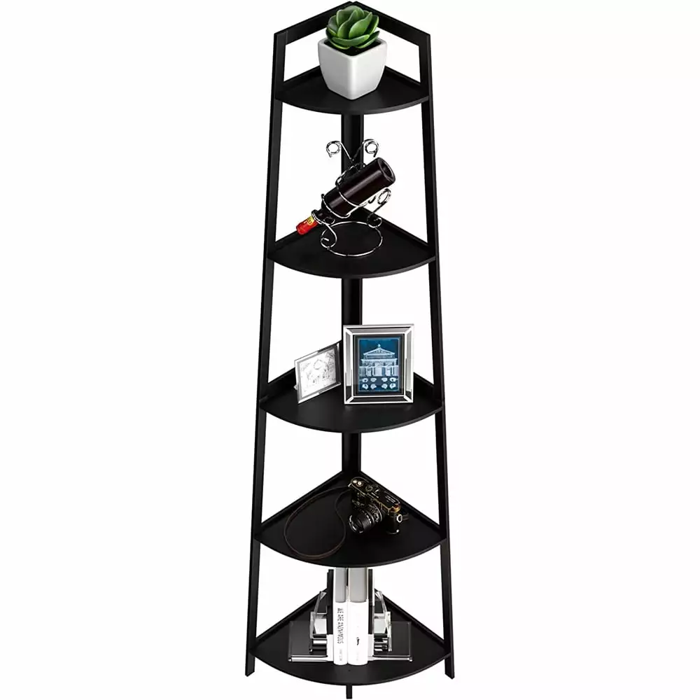 Tcbosik 70inch Industrial Corner Bookshelf 5-Tier Bamboo Ladder Bookcase Home Office Black