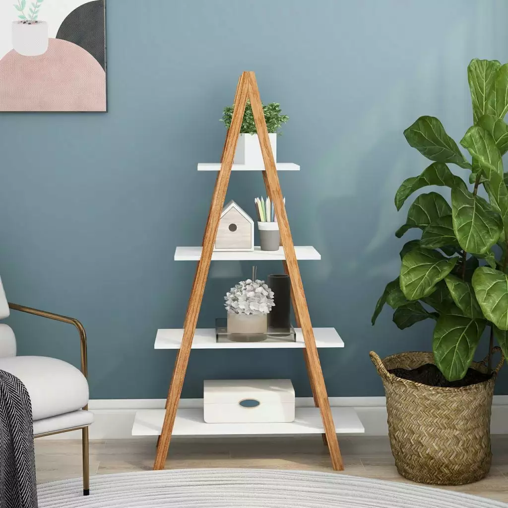Solid Bamboo Wood Oxford -Frame Ladder Display Bookshelf 4-Tier Bookcase Bathroom Bedroom Kitchen White 31.49 x 11.73 x 53...