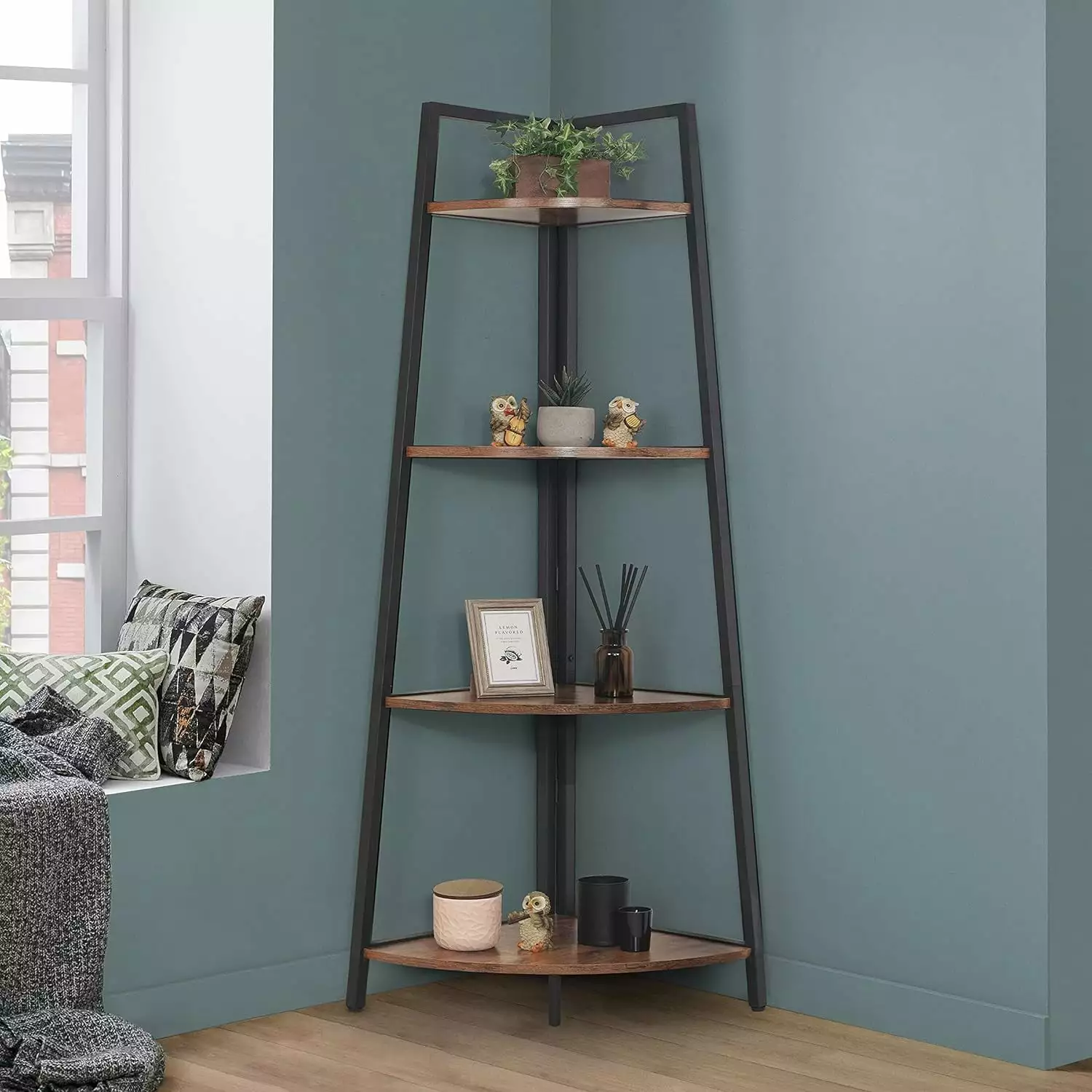 Tall Corner Shelf Stand 4 Tier Display Shelves Ladder Corner Wood Storage Plant Bookshelf Metal Frame Home Office Space Ru...