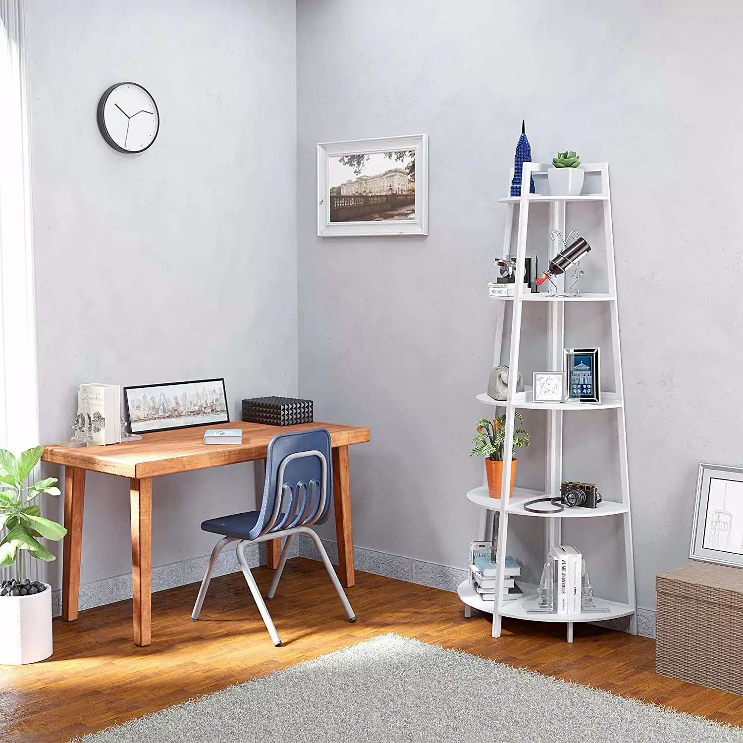 Adrinfly Corner Shelf 70 Inch Tall 5-Tier Industrial Bookcase Rustic Bamboo Ladder Shelf
