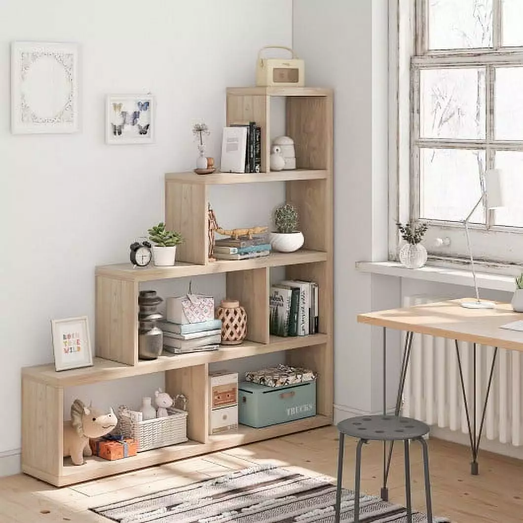 6 Cubes Ladder Shelf Corner Bookshelf Natural Wood Storage Bookcase CostwayINC