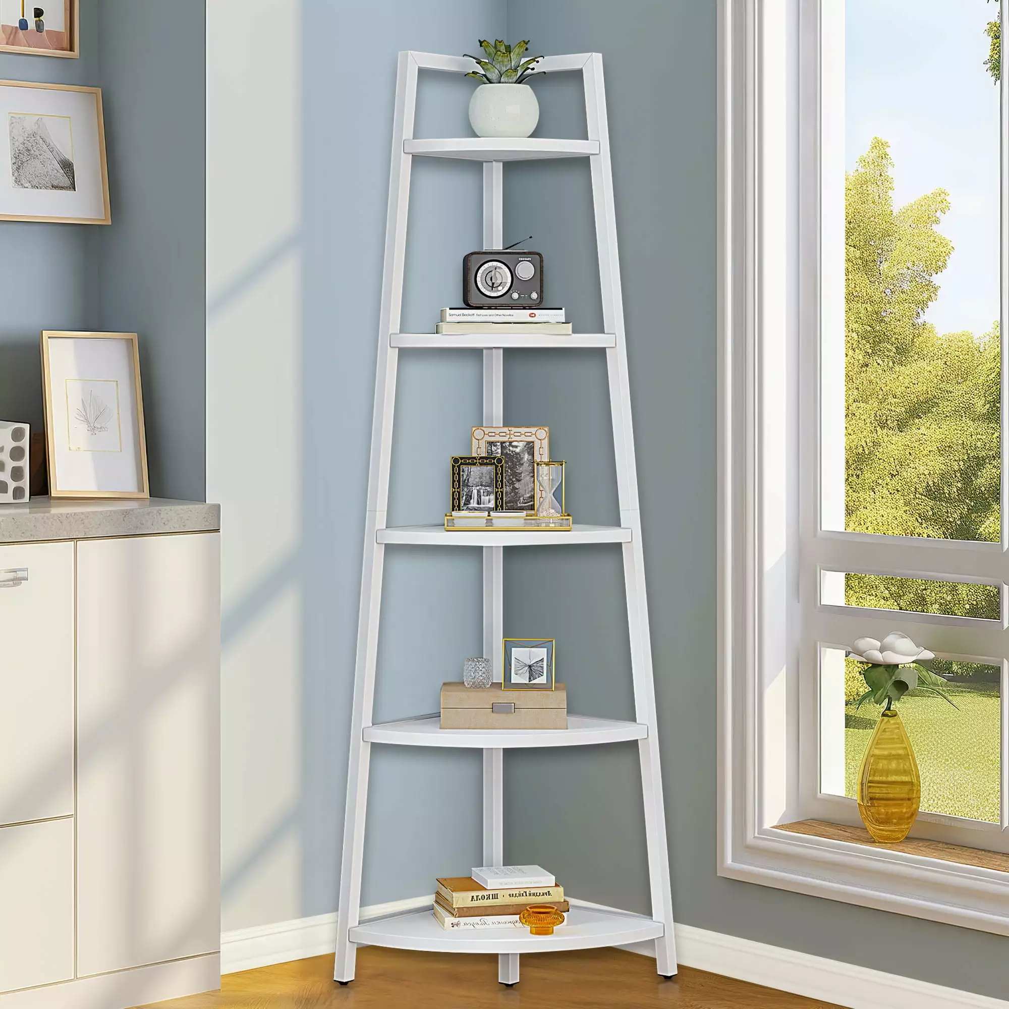 Dextrus 70in Tall Modern Corner Bookcase 5-Tier Corner Shelf Storage Rack Ladder Shelving Stand Living Room Home Office White