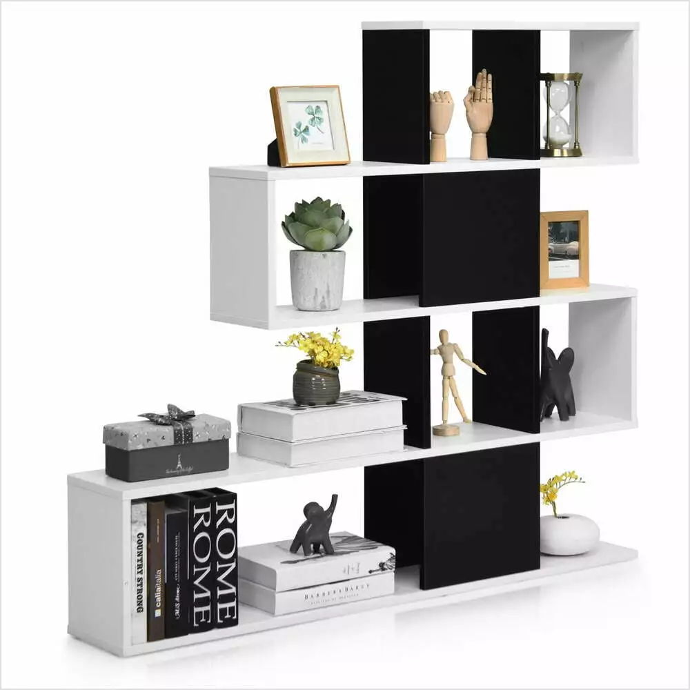 Costway 5-Tier Corner Ladder Bookcase Display Storage Rack Black White Fivgace