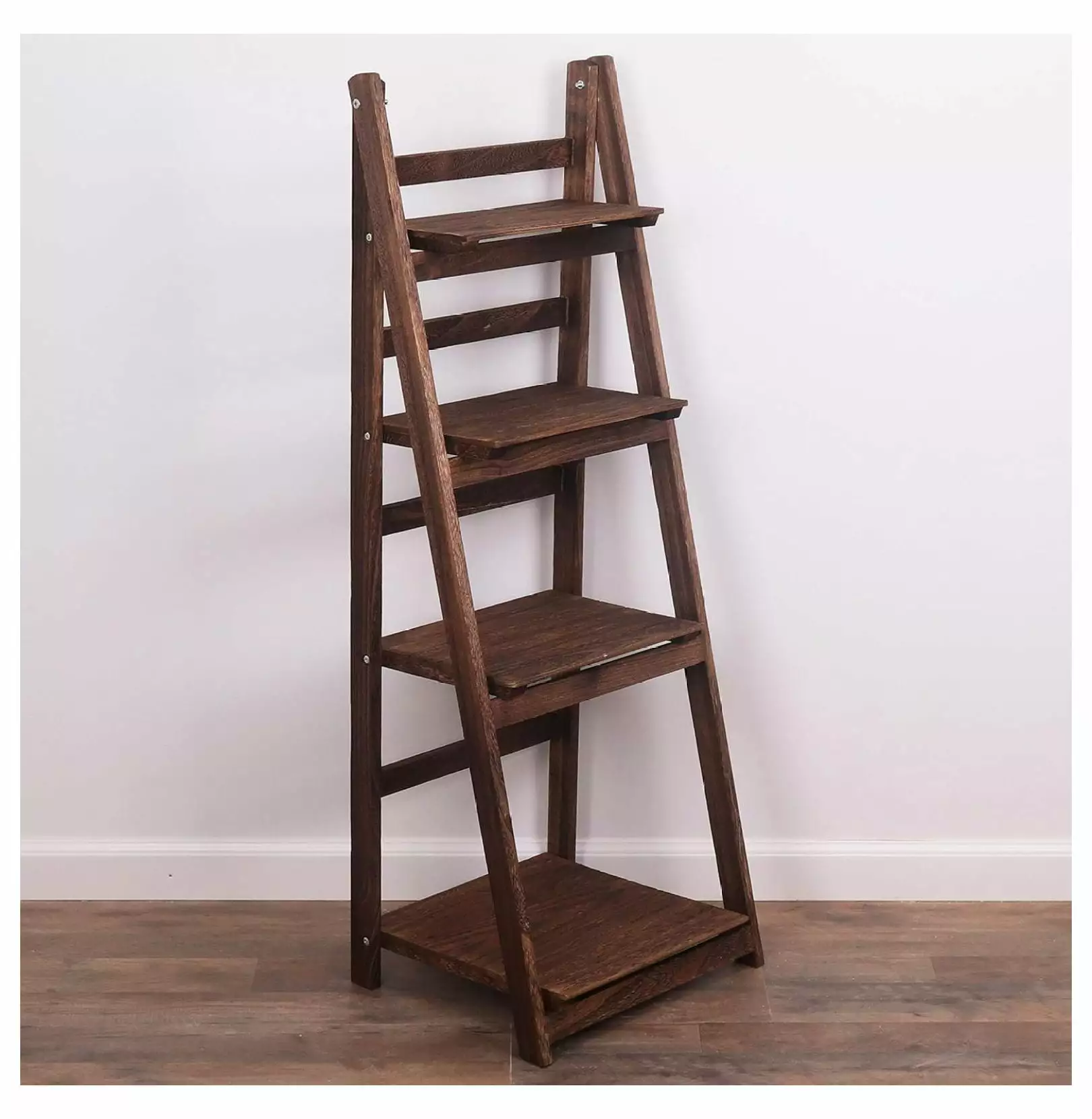 Ladder Shelf Wooden Leaning Bookshelf Rustic Bookcase Dark Brown Finish Generic