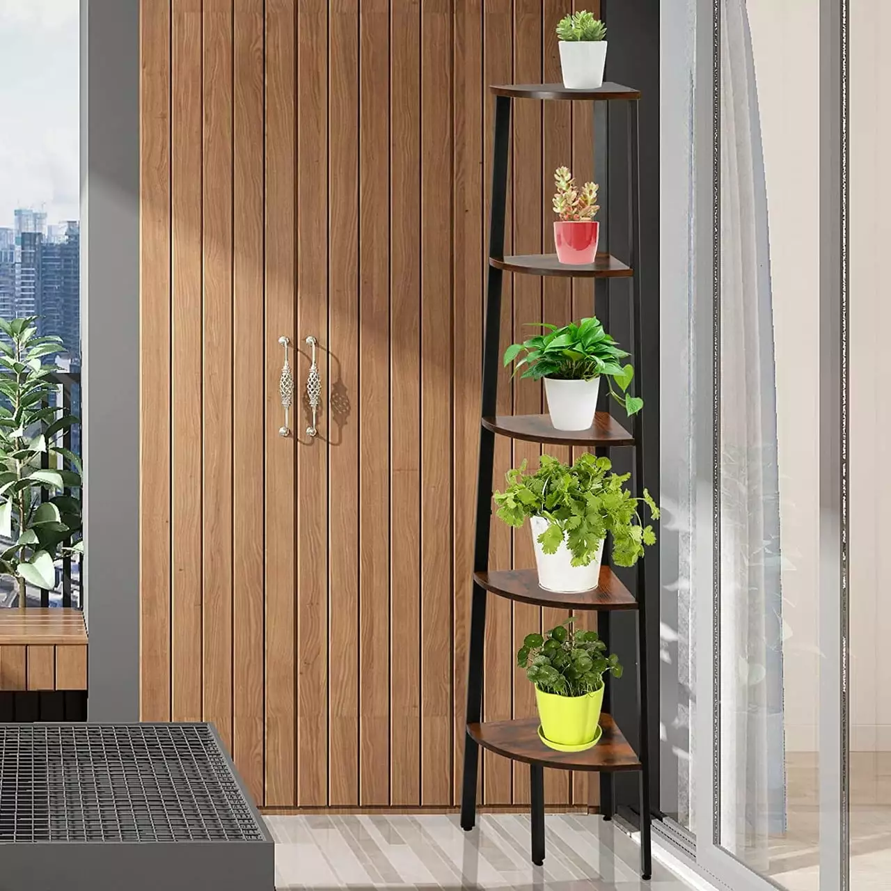 KAHOO Corner Ladder Shelf 62.32 Tall 5-Tier Display Organizer Storage Multipurpose Bookshelf Plant Stand Home Office Brown