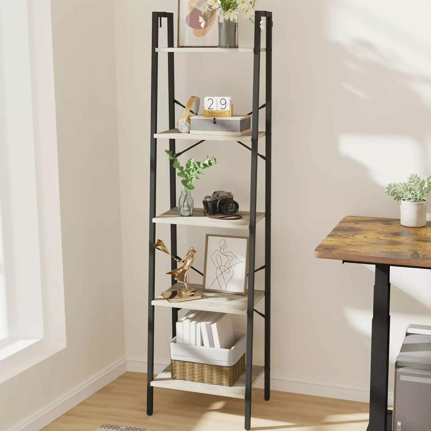 Ladder Shelf Bookshelf Bookcase Freestanding Corner Storage Shelve 2 Hooks 5-Tier Greige Home Office Living Room Kitchen B...