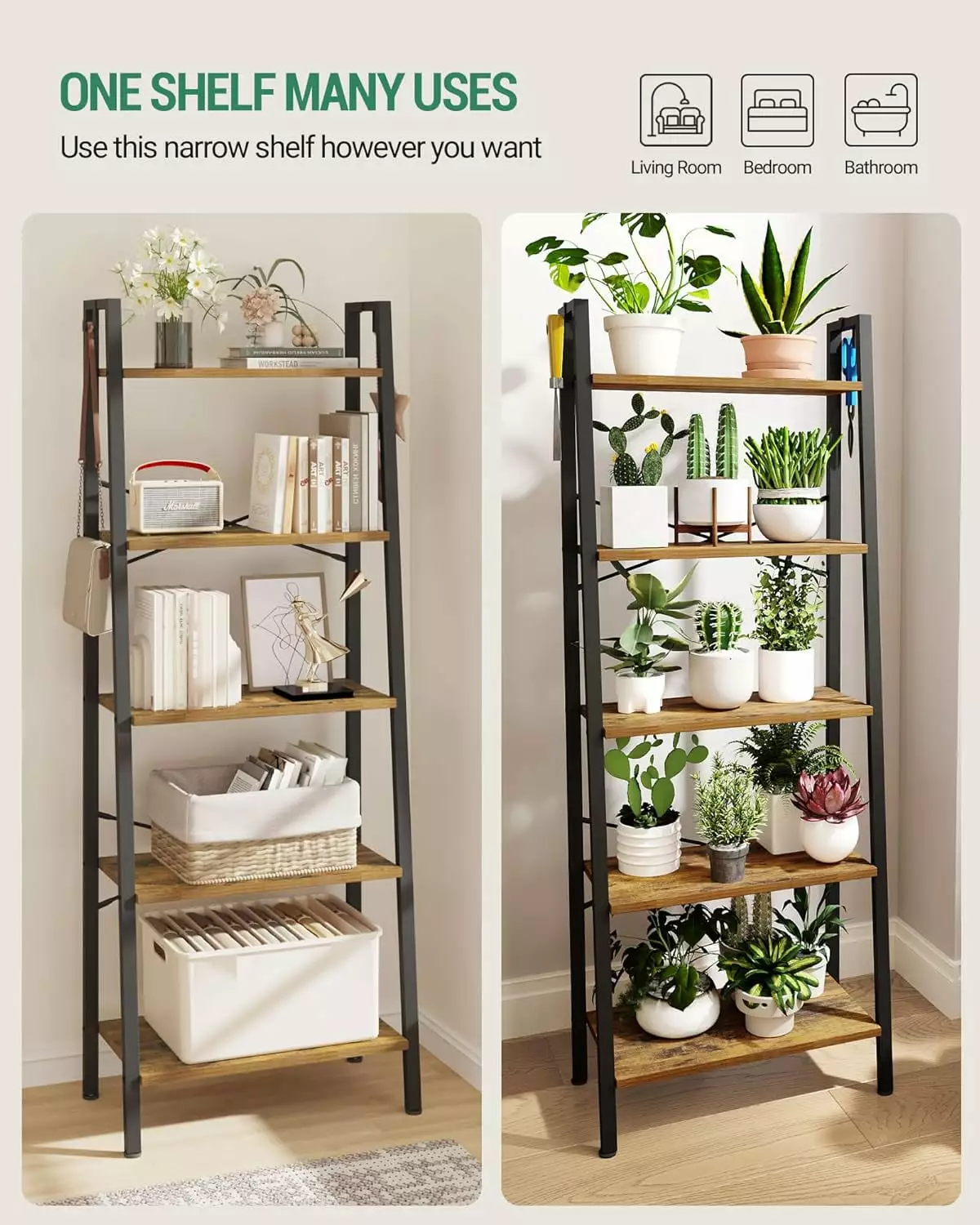 Ladder Shelf Bookshelf Bookcase Freestanding Corner Storage Shelve 2 Hooks Home Office Living Room Kitchen Bedroom Industr...