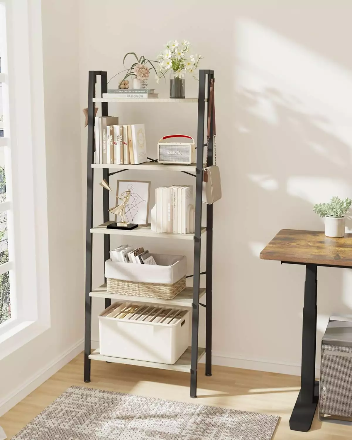 Ladder Shelf Bookshelf Bookcase Freestanding Corner Storage Shelve 2 Hooks Home Office Living Room Kitchen Bedroom Industr...