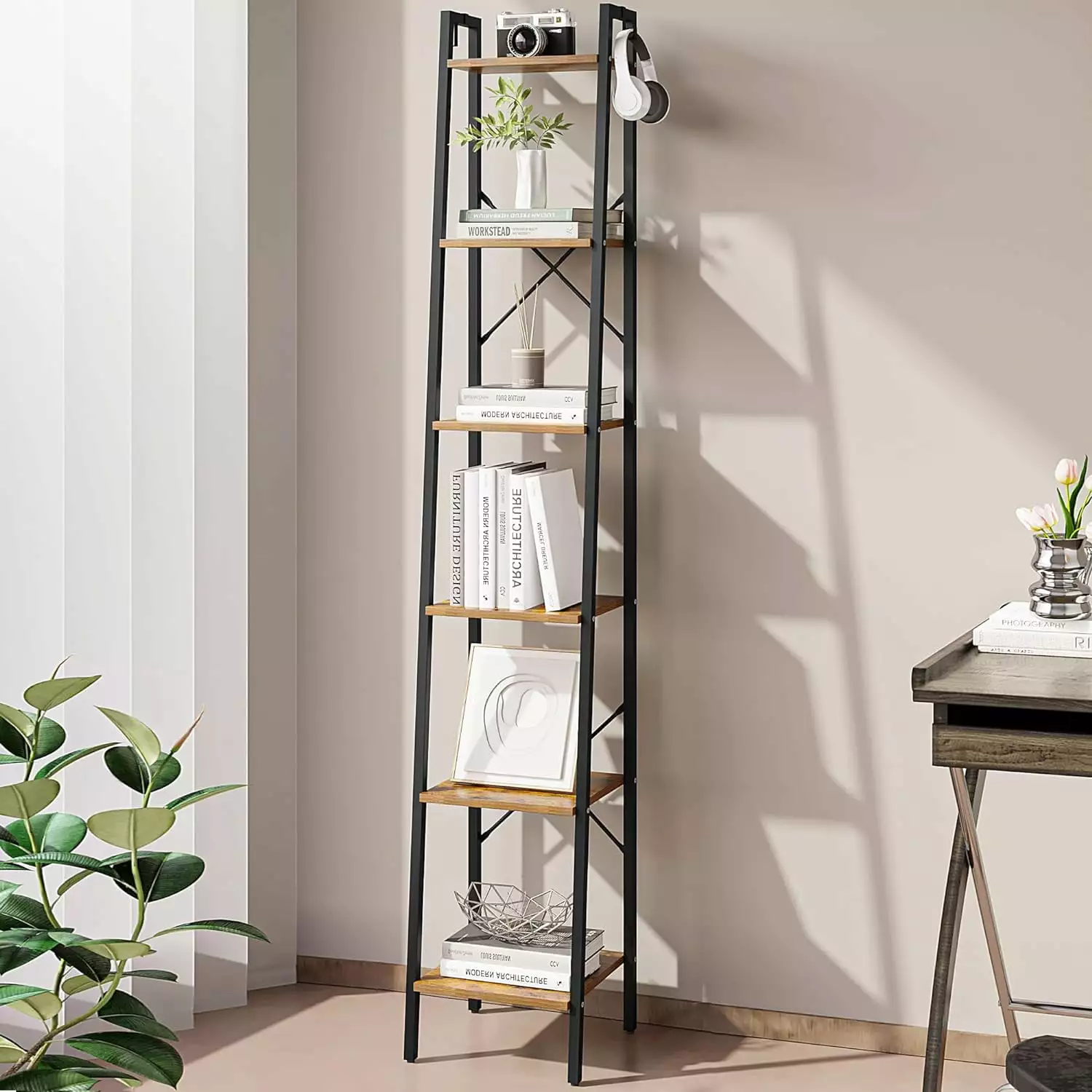 Ladder Shelf Bookshelf Bookcase Freestanding Corner Storage Shelve 2 Hooks Home Office Living Room Kitchen Bedroom Industr...