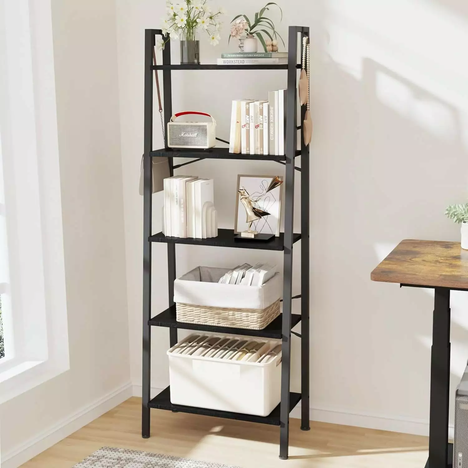 Ladder Shelf Bookshelf Bookcase Freestanding Corner Storage Shelve 2 Hooks Home Office Living Room Kitchen Bedroom Industr...