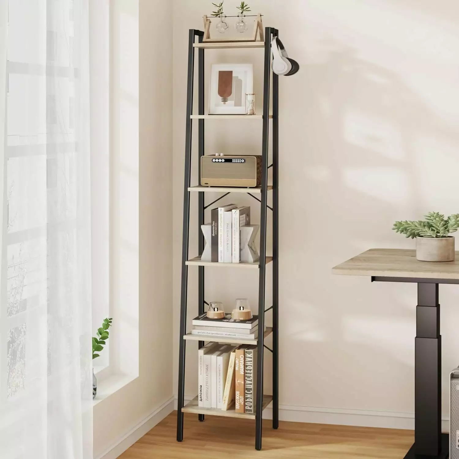 Ladder Shelf Bookshelf Freestanding Corner Storage 2 Hooks 6-Tier Industrial Home Office Living Room kk