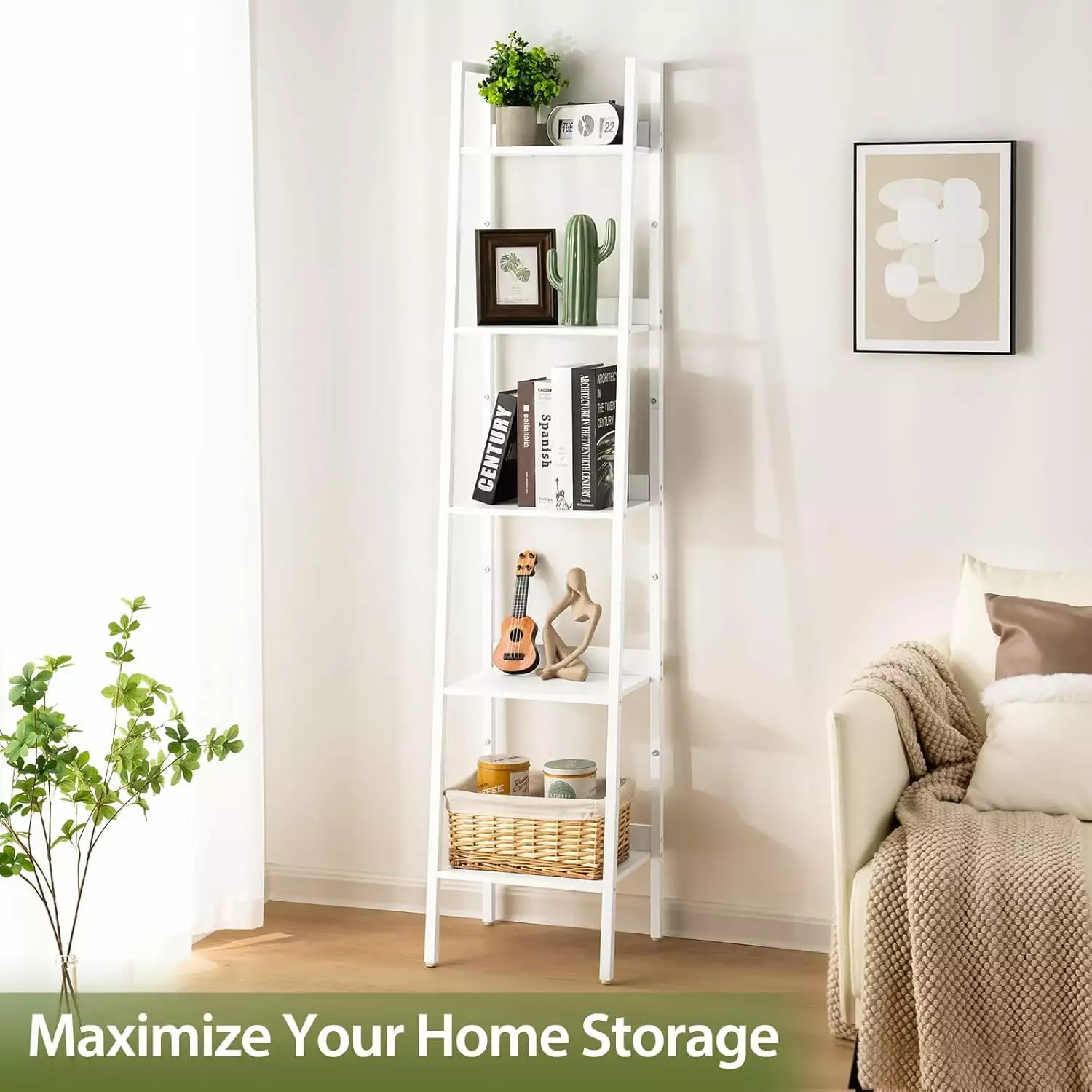 Ladder Shelf 5 Tier Tall Bookshelf Corner Shelf Industrial Narrow Standing Storage Bedroom Living Room kk