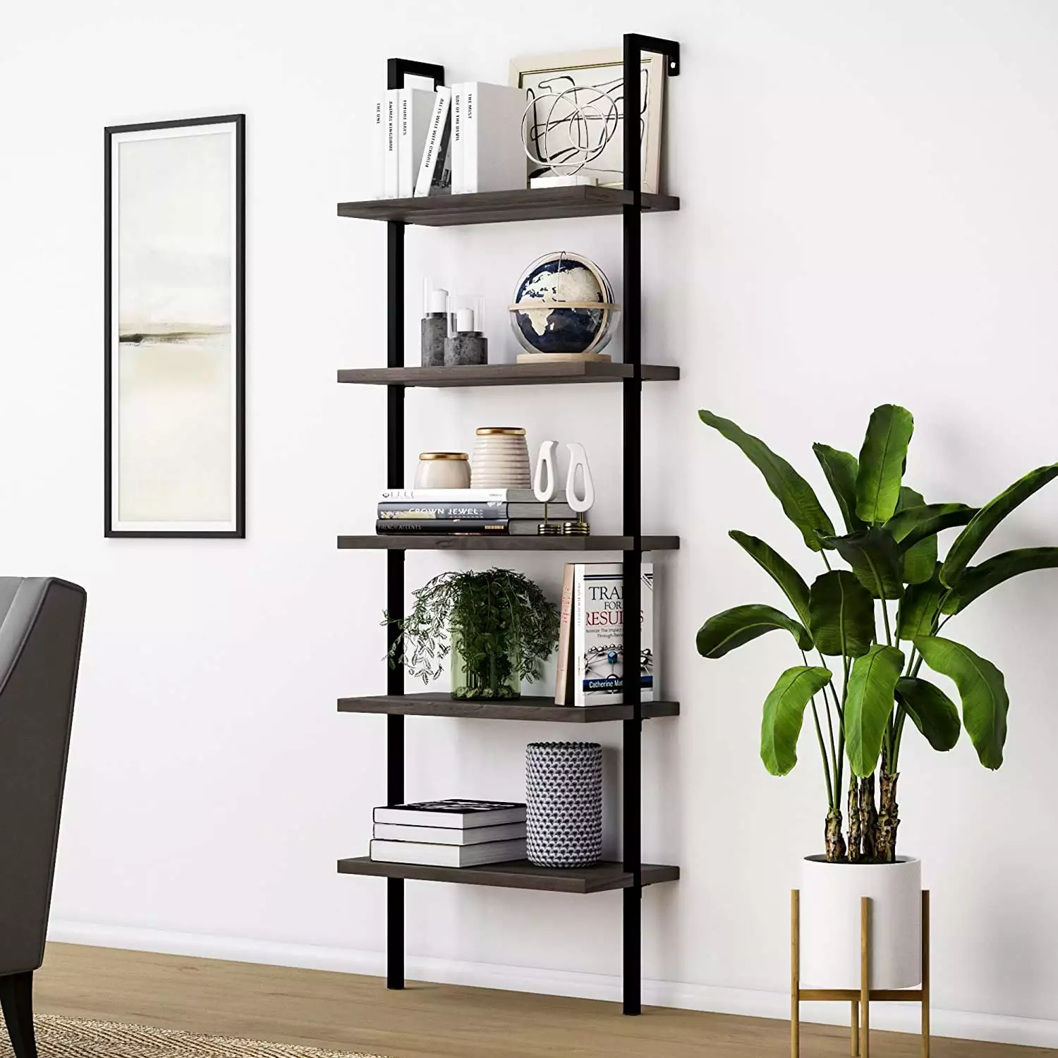 Lomubue 5-Shelf Wood Ladder Bookcase Metal Frame Industrial 5-Tier Modern Ladder Shelf Dark Walnut